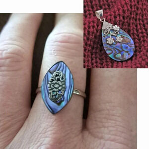 Abalone Pendant & Ring Set In 925 Sterling Silver.
